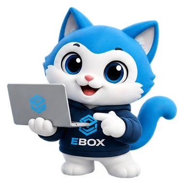 正在使用笔记本电脑工作的 EBOX 吉祥物